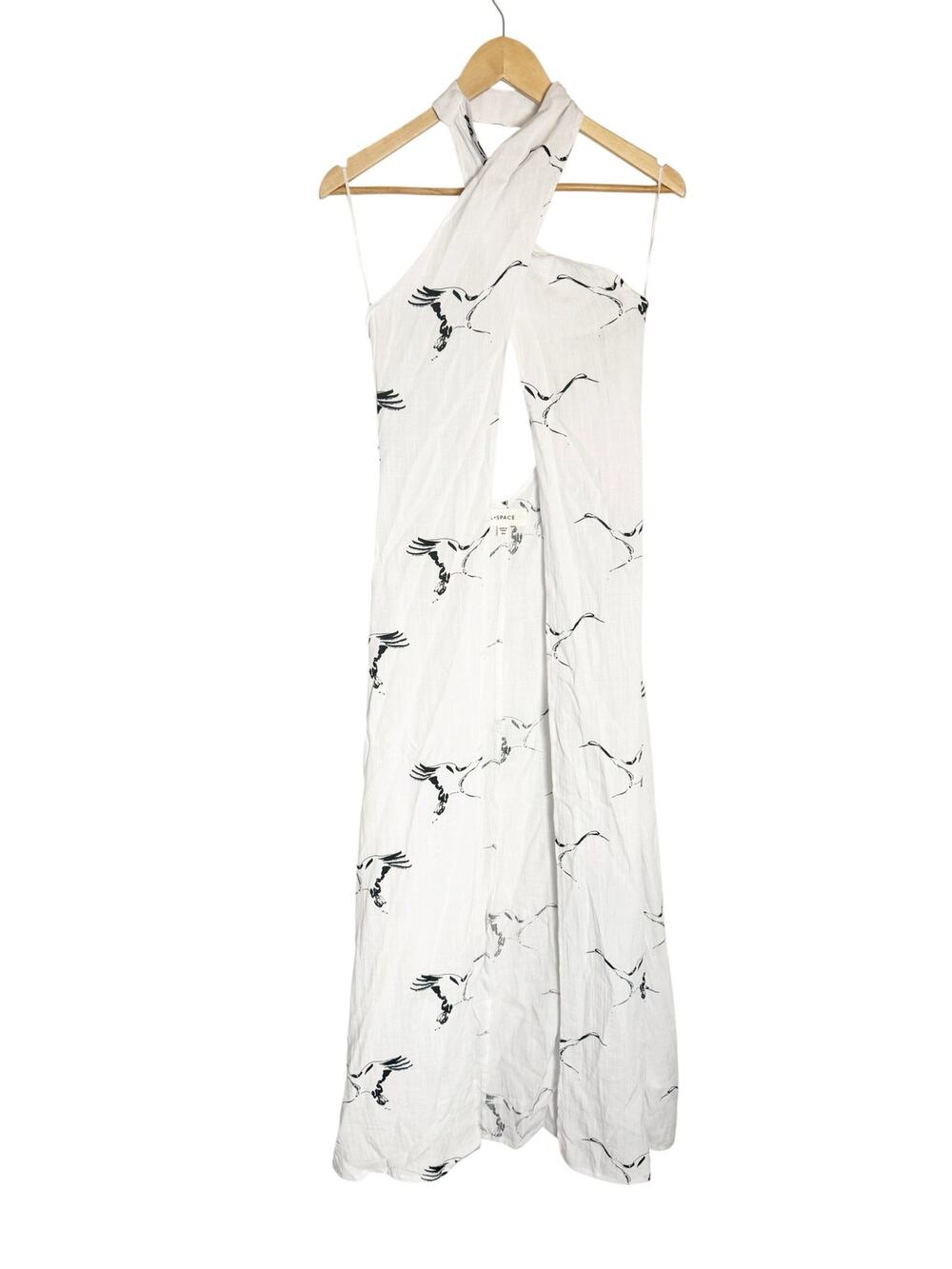 L*Space Cyrus Crane Bird Print White Crossover Halter Open Maxi Beach Coverup S